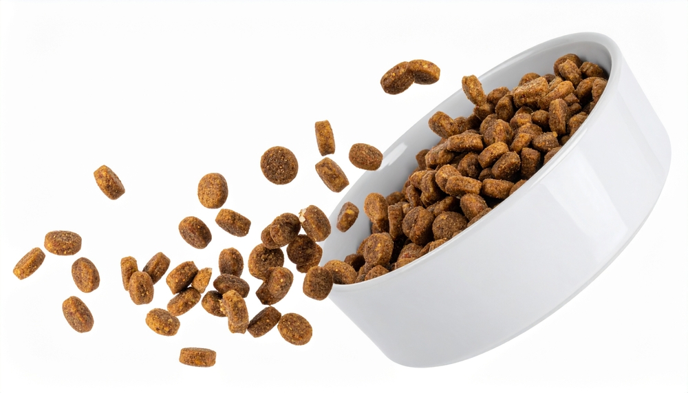 Dry,Cat,Food,Flying,From,Bowl,Isolated,On,White,Background